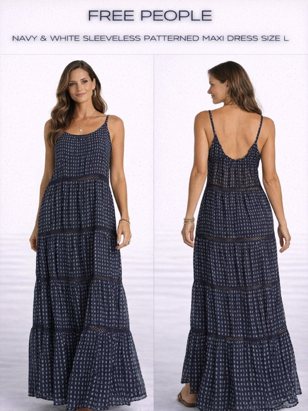 Free People Navy White Printed Maxi Dress L